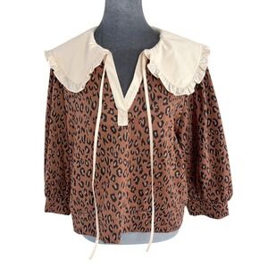 Entro Leopard Print Eclectic Boho Chic Cottagecore Ruffle Collar Top L